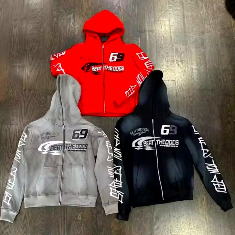 Graphic Hoodies in Red, Gray, and Black
